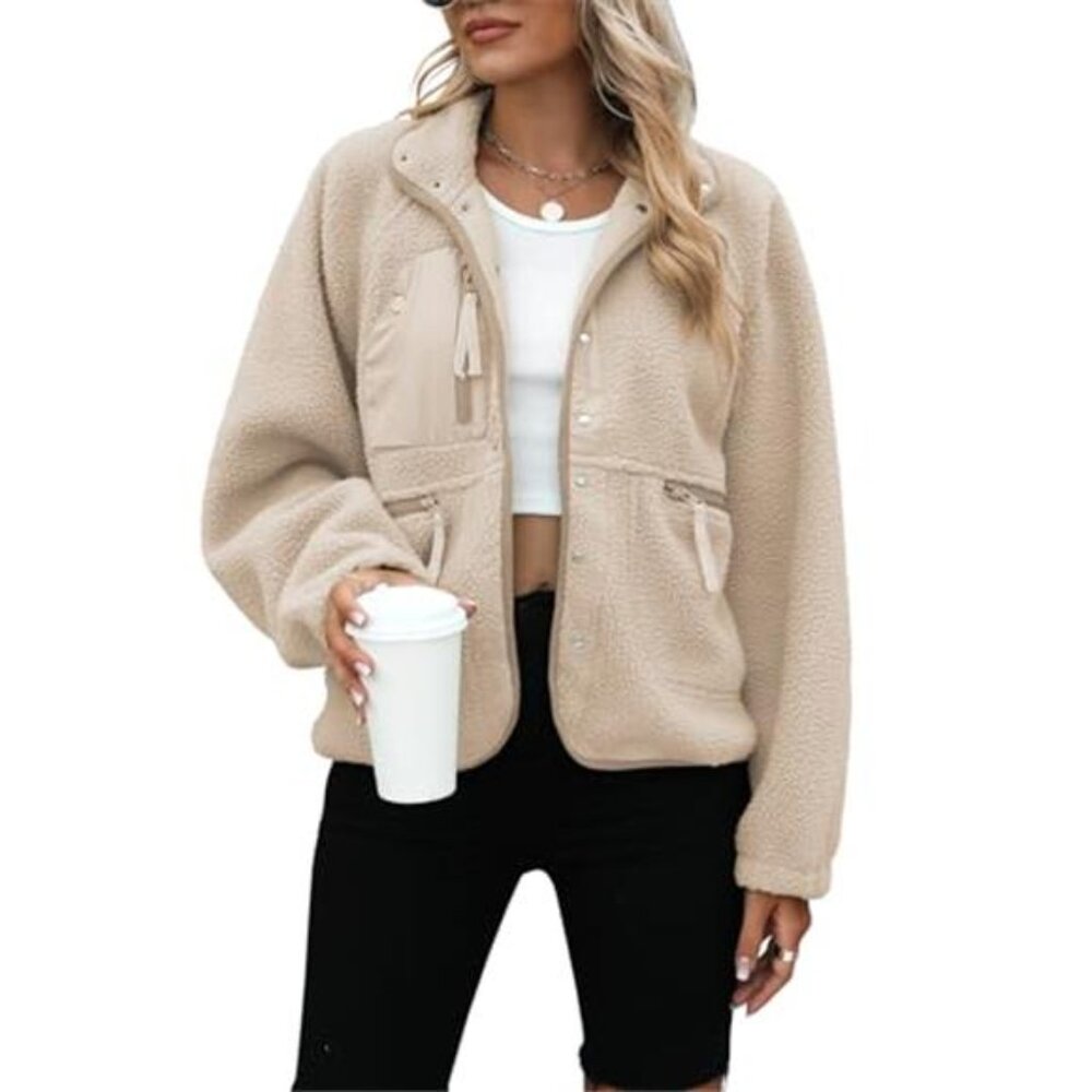 Womens Fleece Jacket Sherpa Button Up Winter Coat Long Sleeve Pockets Outerwear